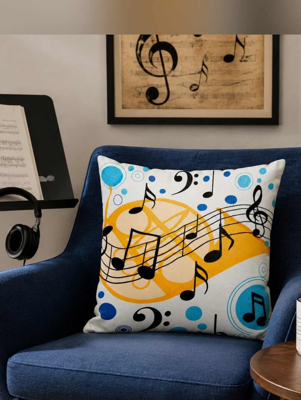 Music Note Throw Pillow Cover in Yellow, Blue & White